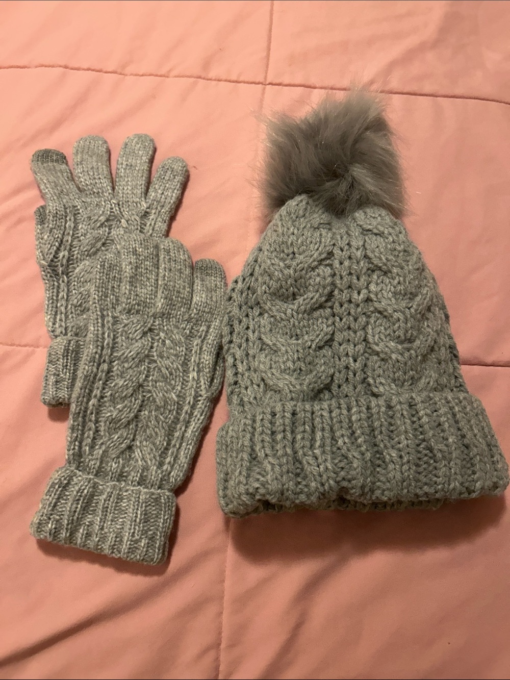 Women’s Grey Knit Pom Beanie and Gloves Set. Like new